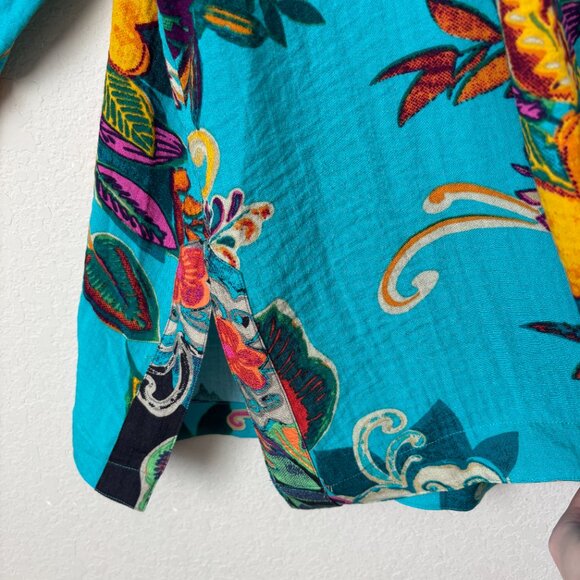 John Mark 1X Boho Vacation Tropical Floral Print Tunic Top Embroidered Trims - Picture 7 of 11